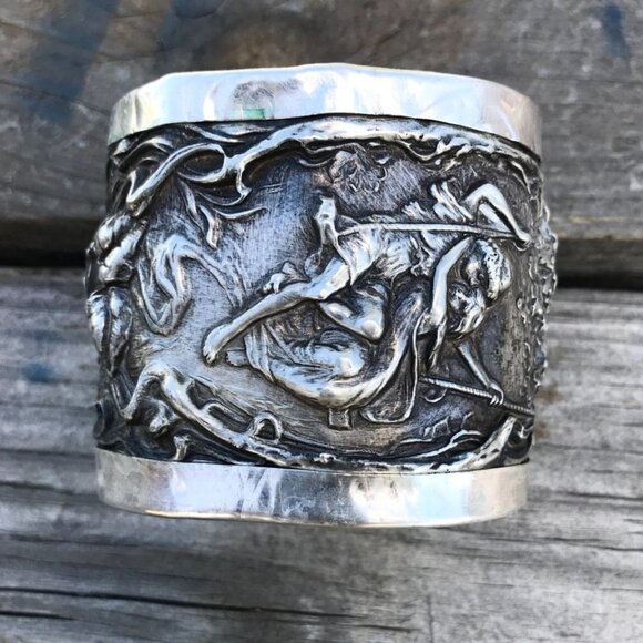 Antique Solid Sterling Silver Cuff Bracelet 925 Rare Repoussé Handmade Lovers